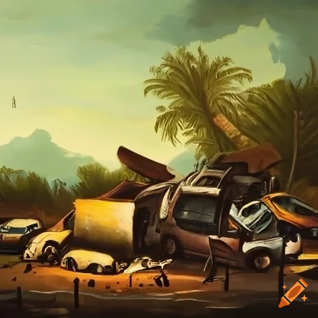 Painting of crashed cars on a sugar cane lined highway on Craiyon