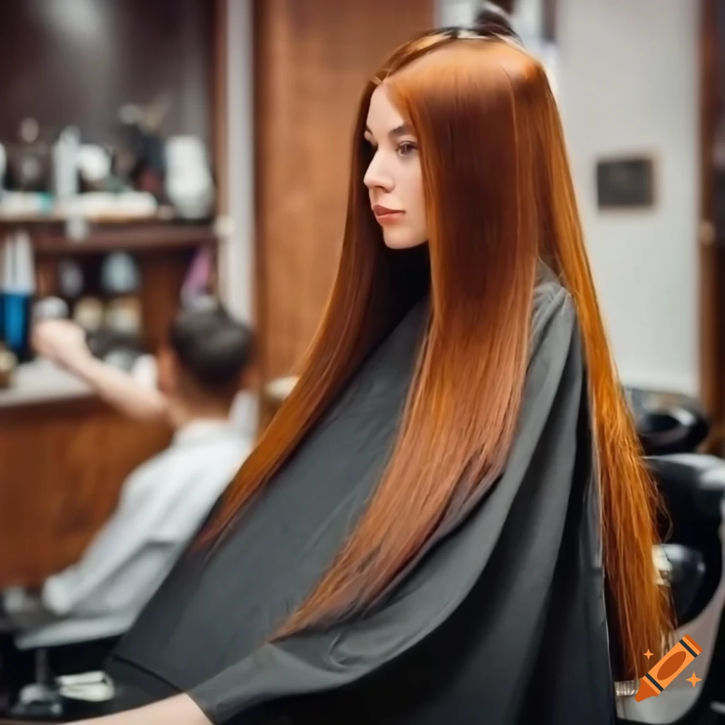 girl with long auburn hair in a barber shop