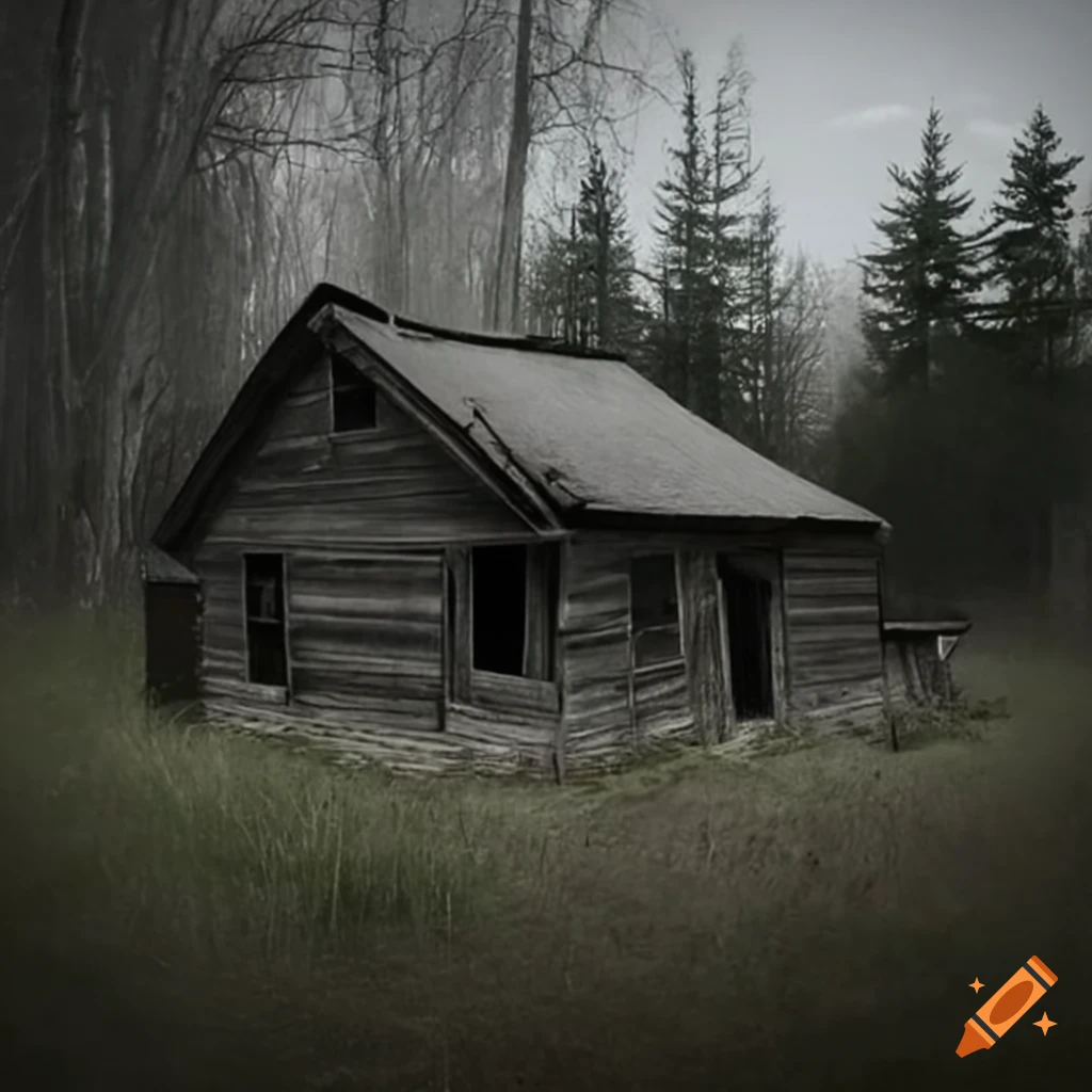 creepy cabin in an open field