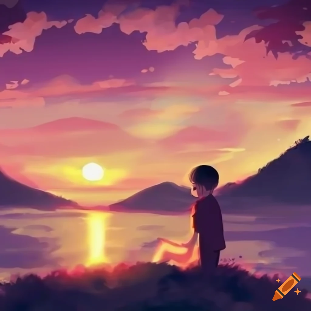 anime style drawing of a girl and a boy hugging at sunset