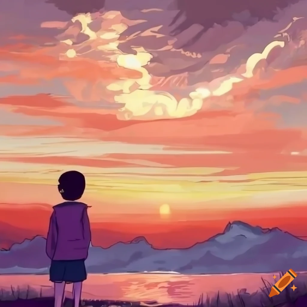 Anime Style Drawing Of A Girl And Boy Hugging While Watching Sunset On 