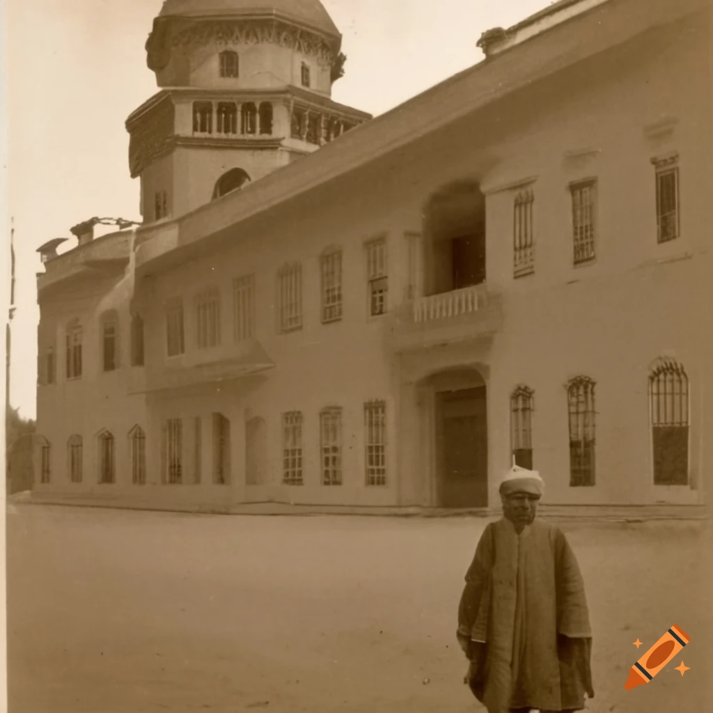 sepia photo of wealthy person in front of a mansion