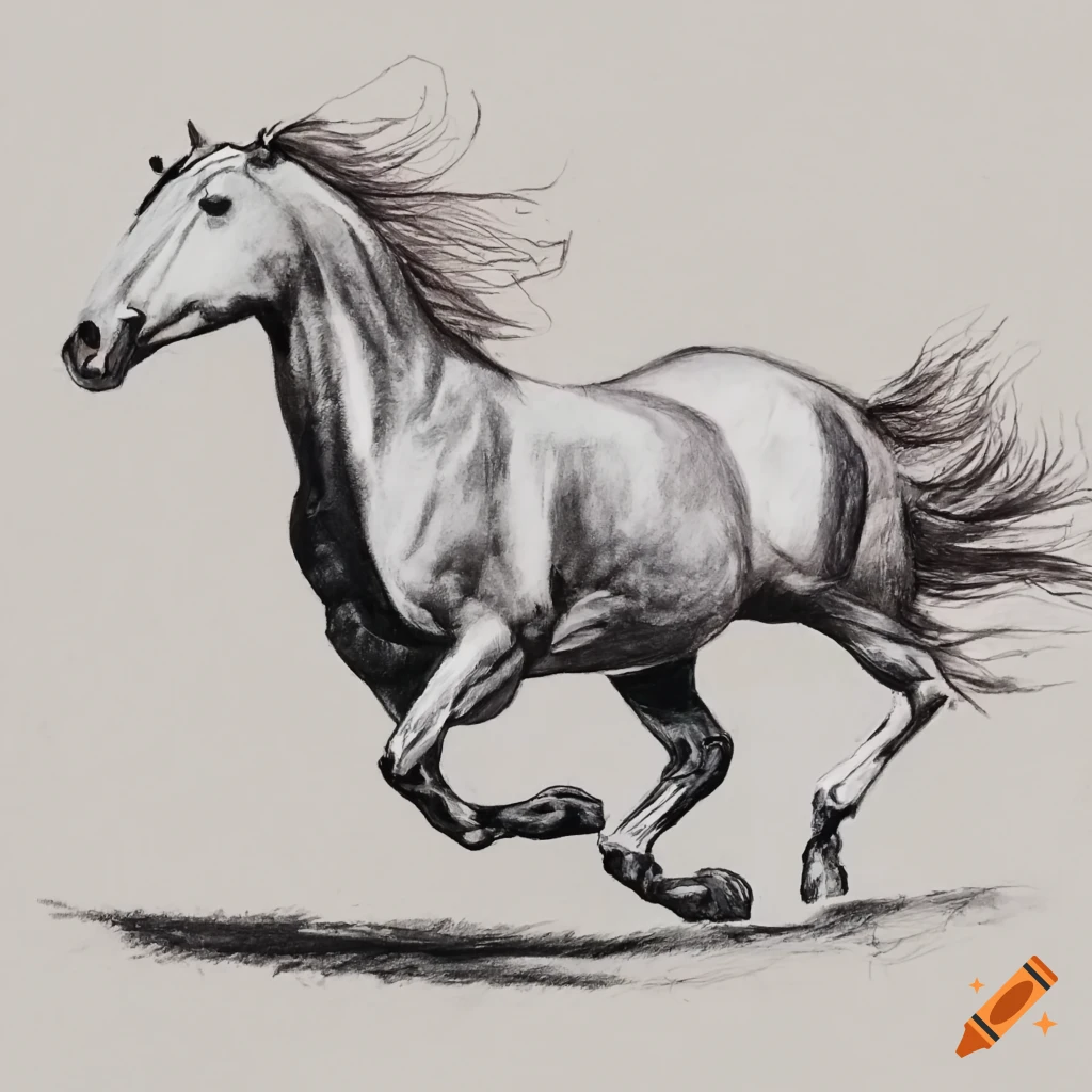 Pencil drawing of a galloping horse on Craiyon
