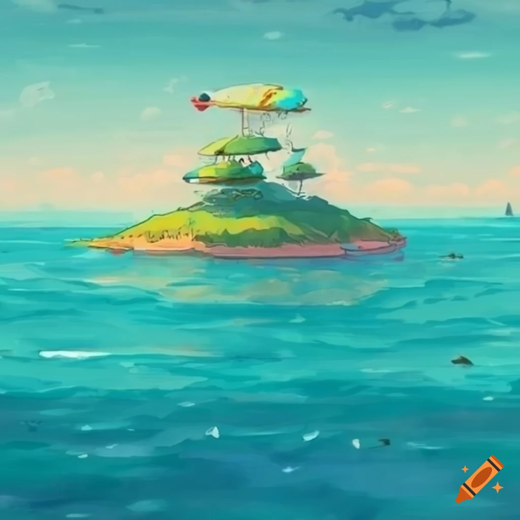 Studio ghibli style illustration of an island with airships