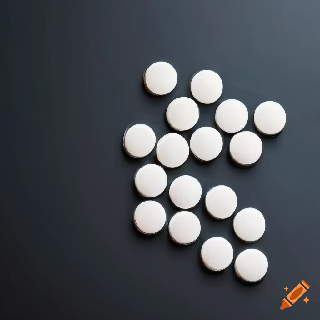 close-up of white pills on dark background