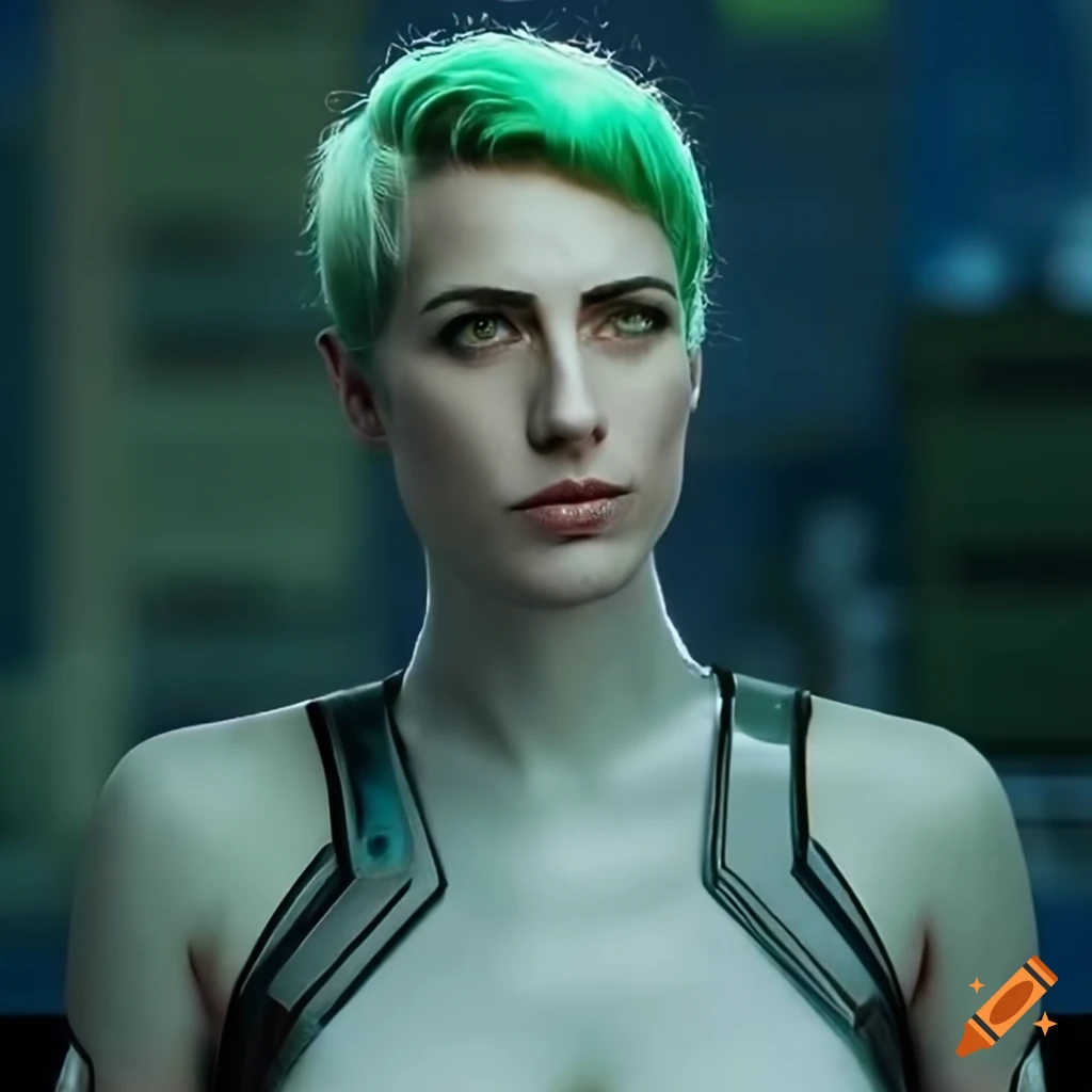 Futuristic Cosplay Of A 30 Year Old White Female With Short Green Hair