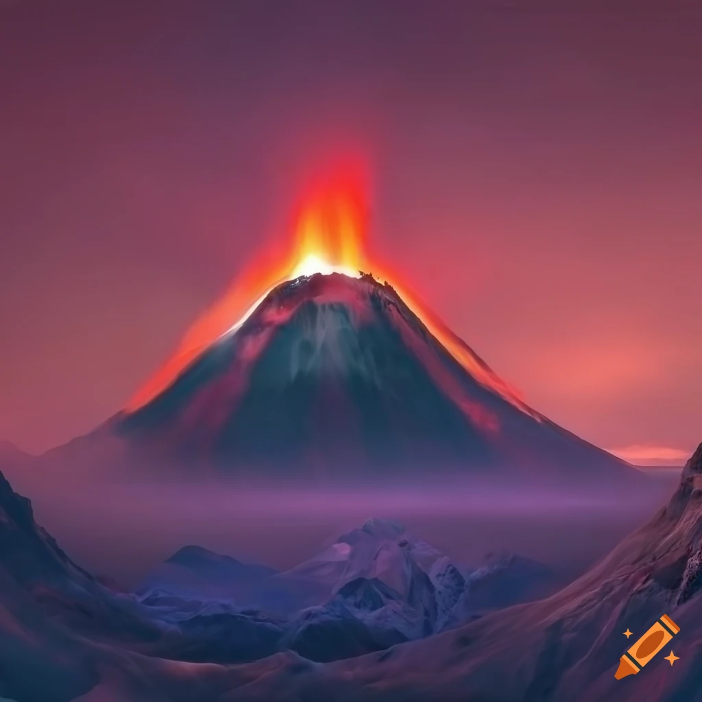 paysage volcanique lumière rougeâtre avec montagnes dantesques