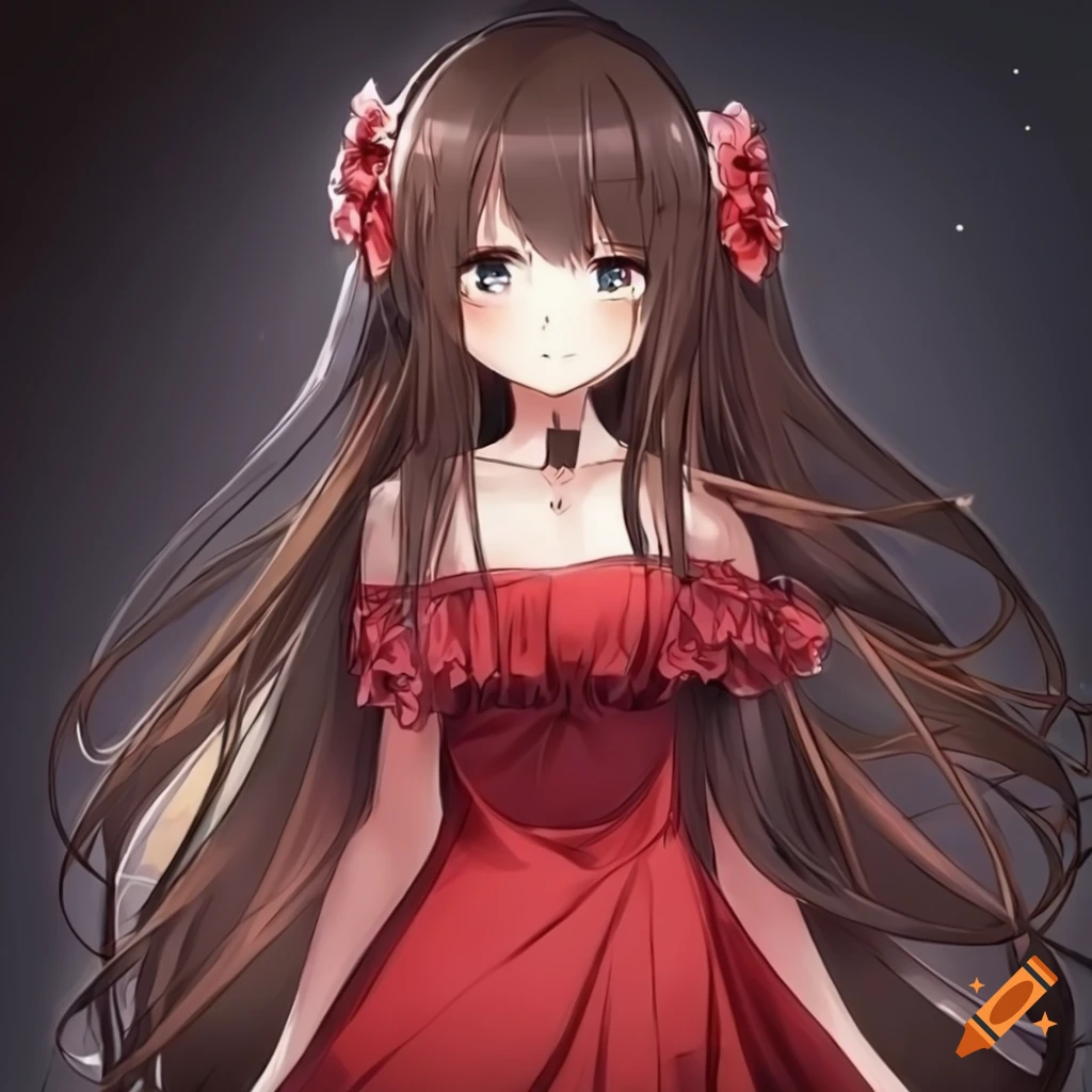 anime girl in a red dress with long brown hair