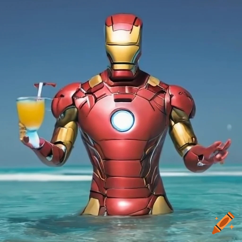 Iron Man relaxing in a pool with a cocktail