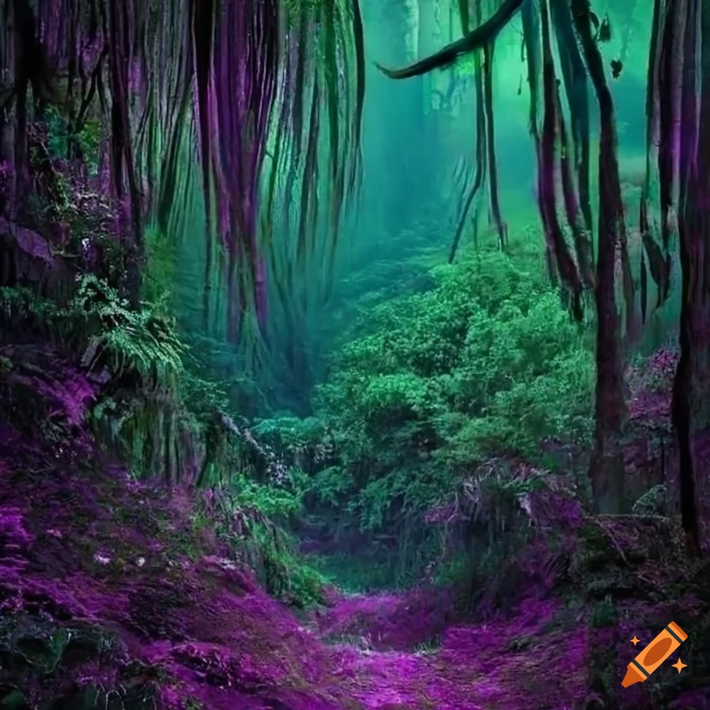 mysterious fairytale rainforest in deep mauve and green