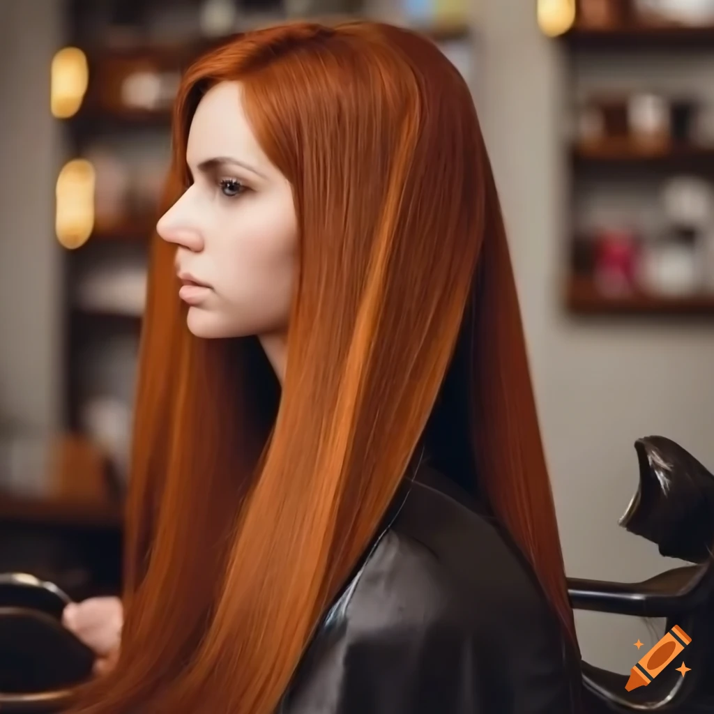 girl with long auburn hair in a barber shop