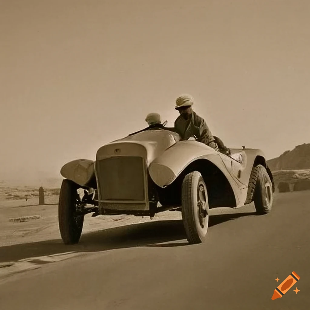 historic image of a wealthy person driving a futuristic sports car