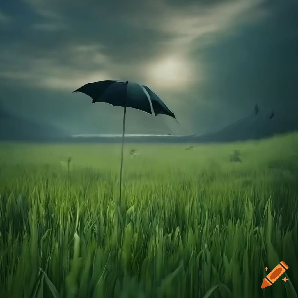 hyper-realistic 3D model of a colorful umbrella on a green field
