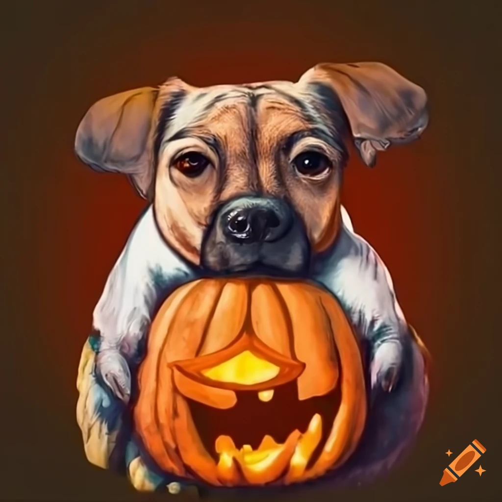 dog holding a pumpkin