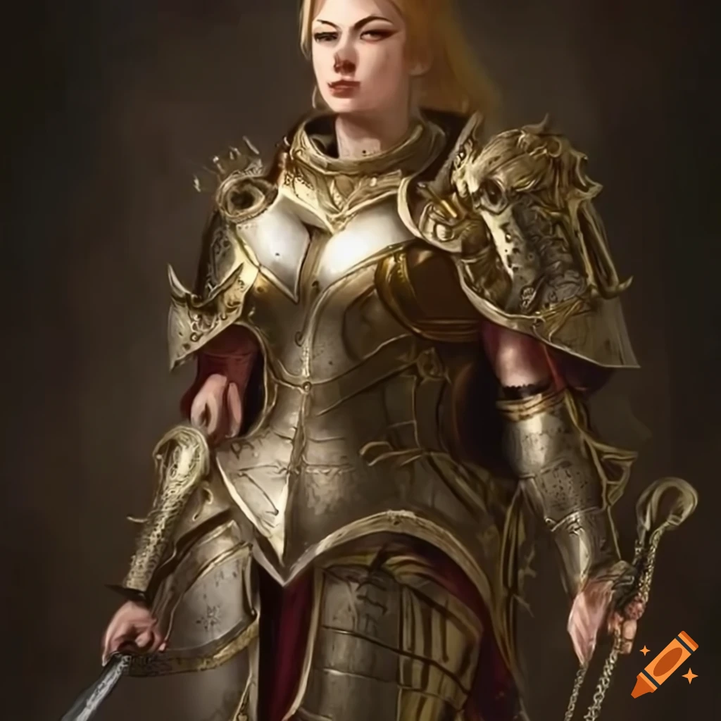 A beautiful woman wearing brass armor wielding a sword, fantasy