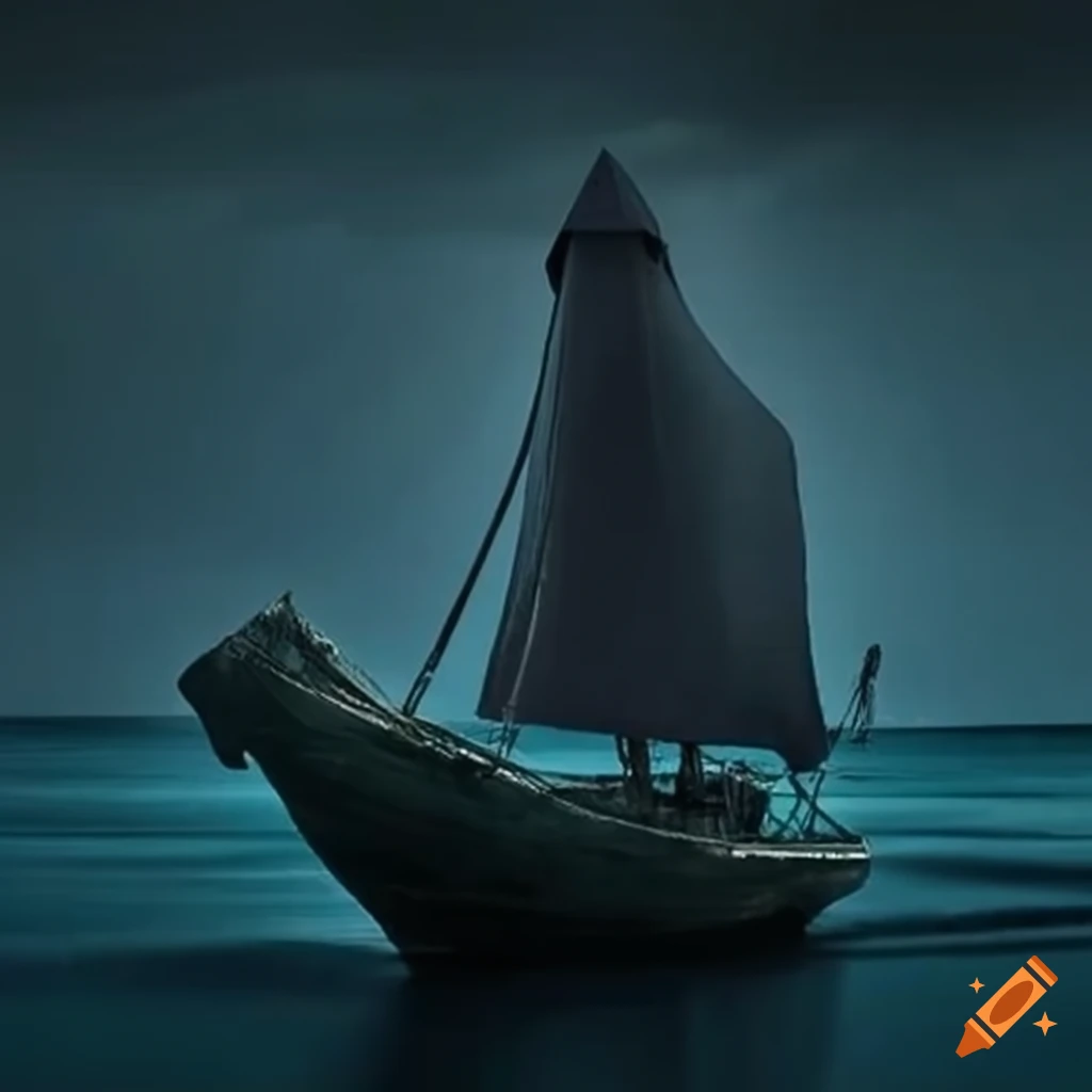 sailboat with a hooded figure in dark underground waters