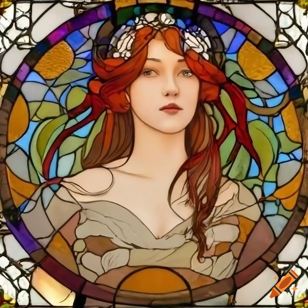 Round art nouveau stained glass window with flowing-haired woman on Craiyon