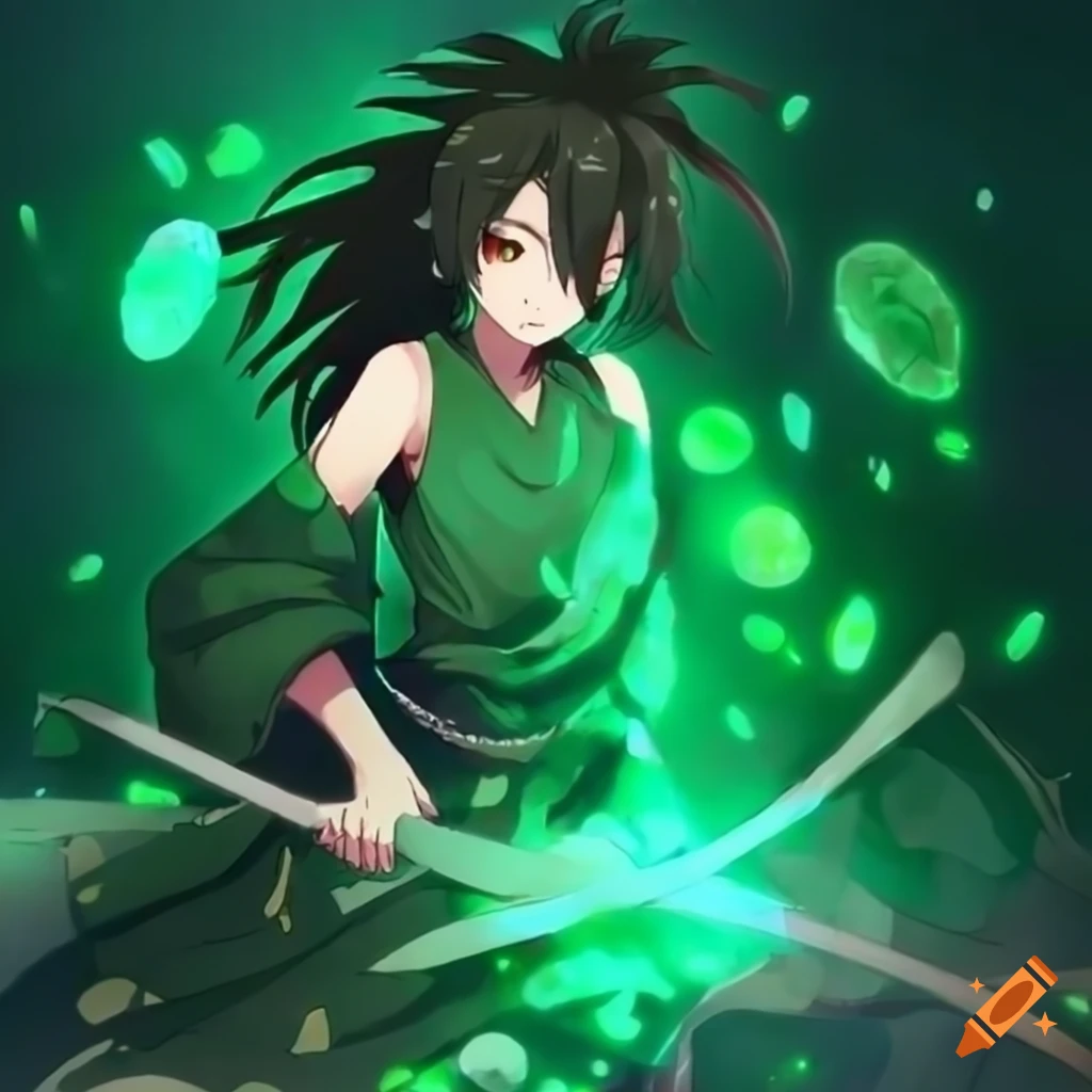 Character design of a girl made of green jade in dororo style