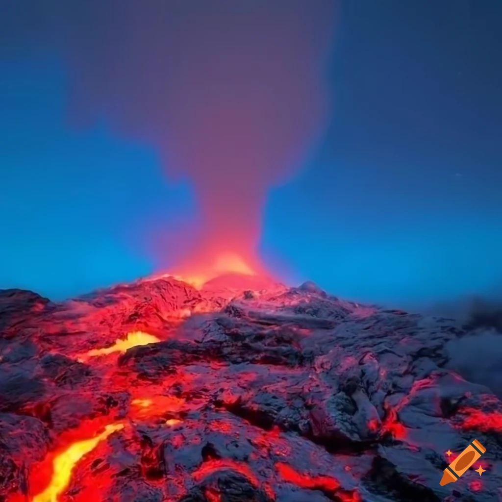photograph of a snowy white volcano with red lava