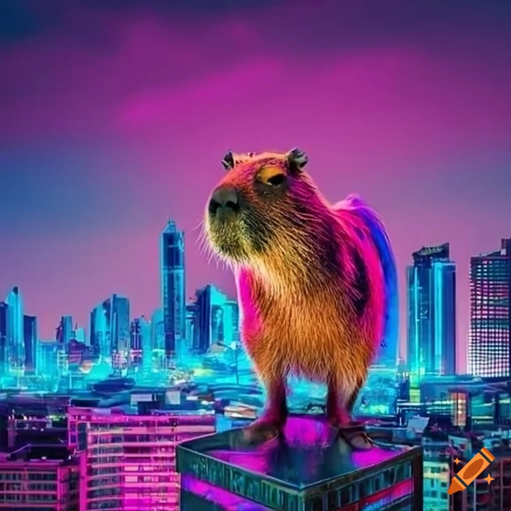 Capybara with shades in a neon cityscape