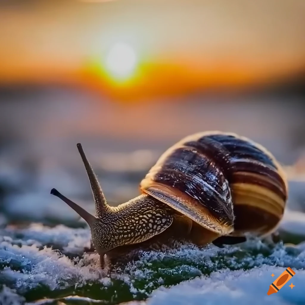 photograph of a snail walking in the snow