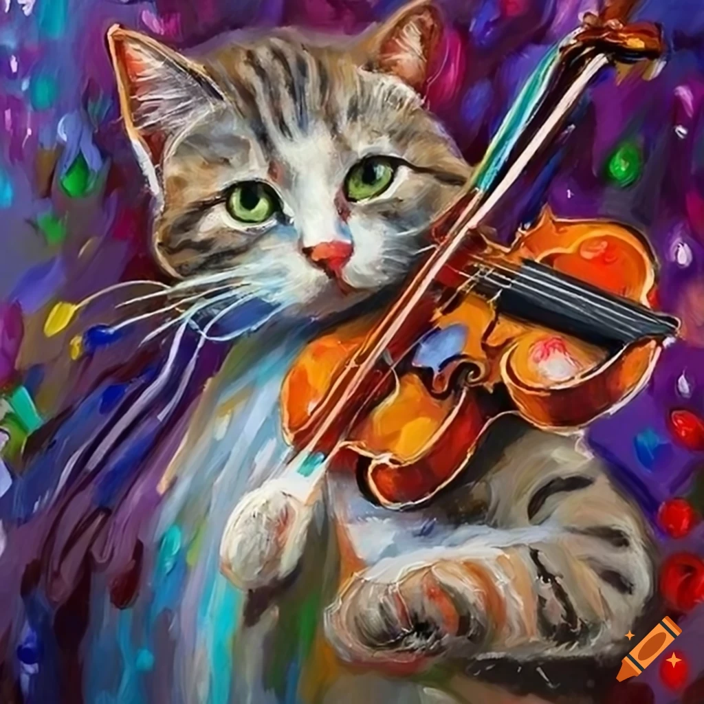 Colorful oil painting of a cat playing fiddle on Craiyon