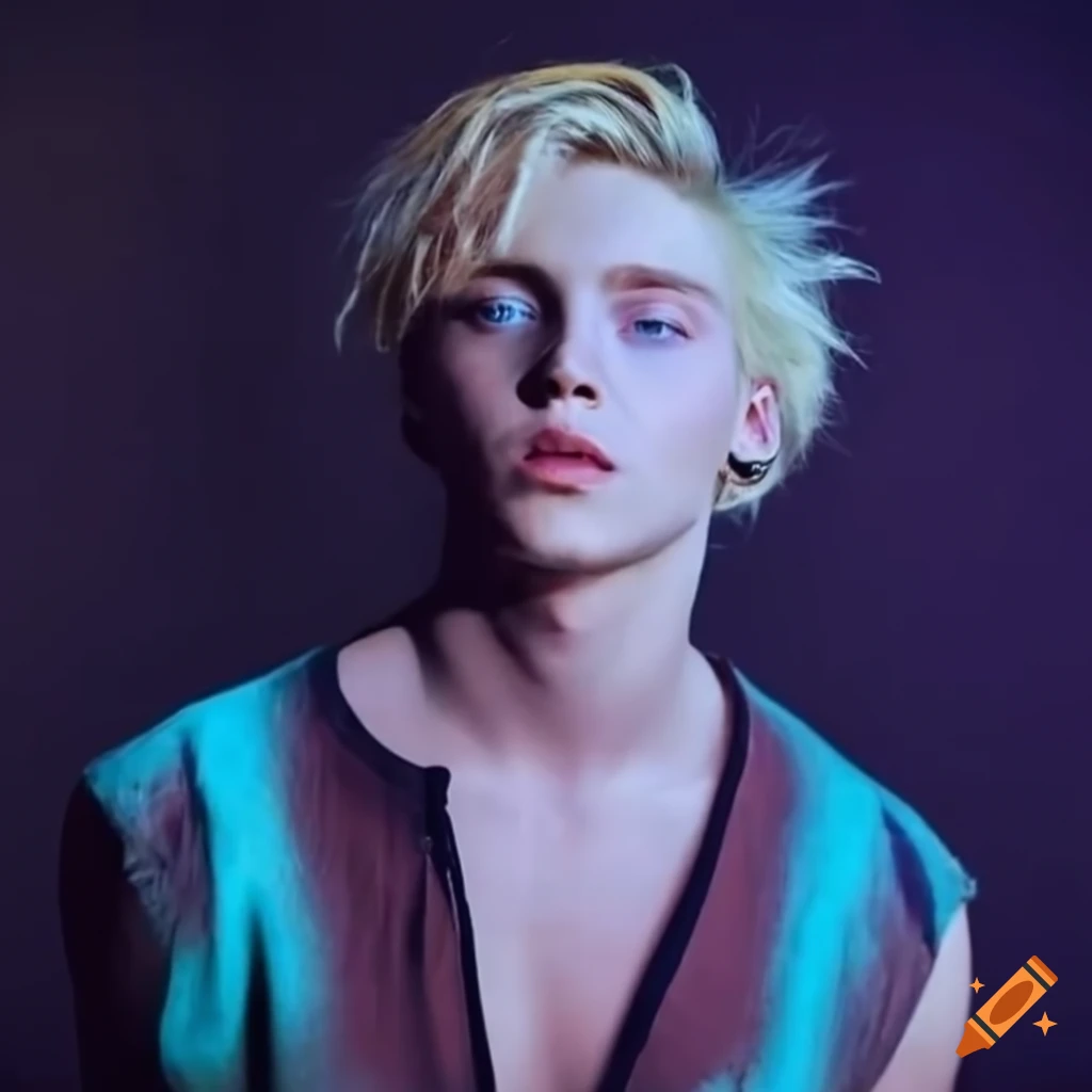 Picture of a male pop singer with blond hair and blue eyes on Craiyon