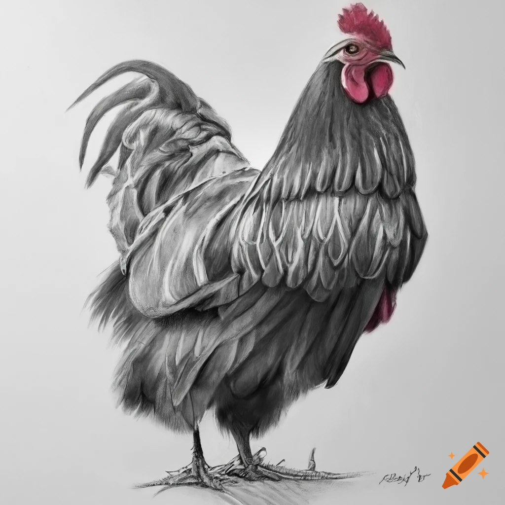 Black and white chicken pencil drawing