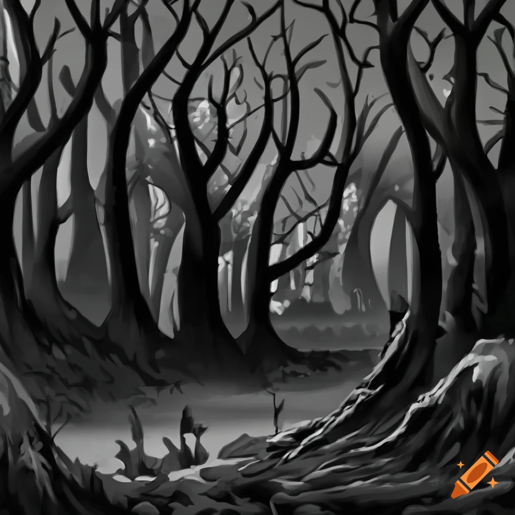 black and white prehistoric forest background