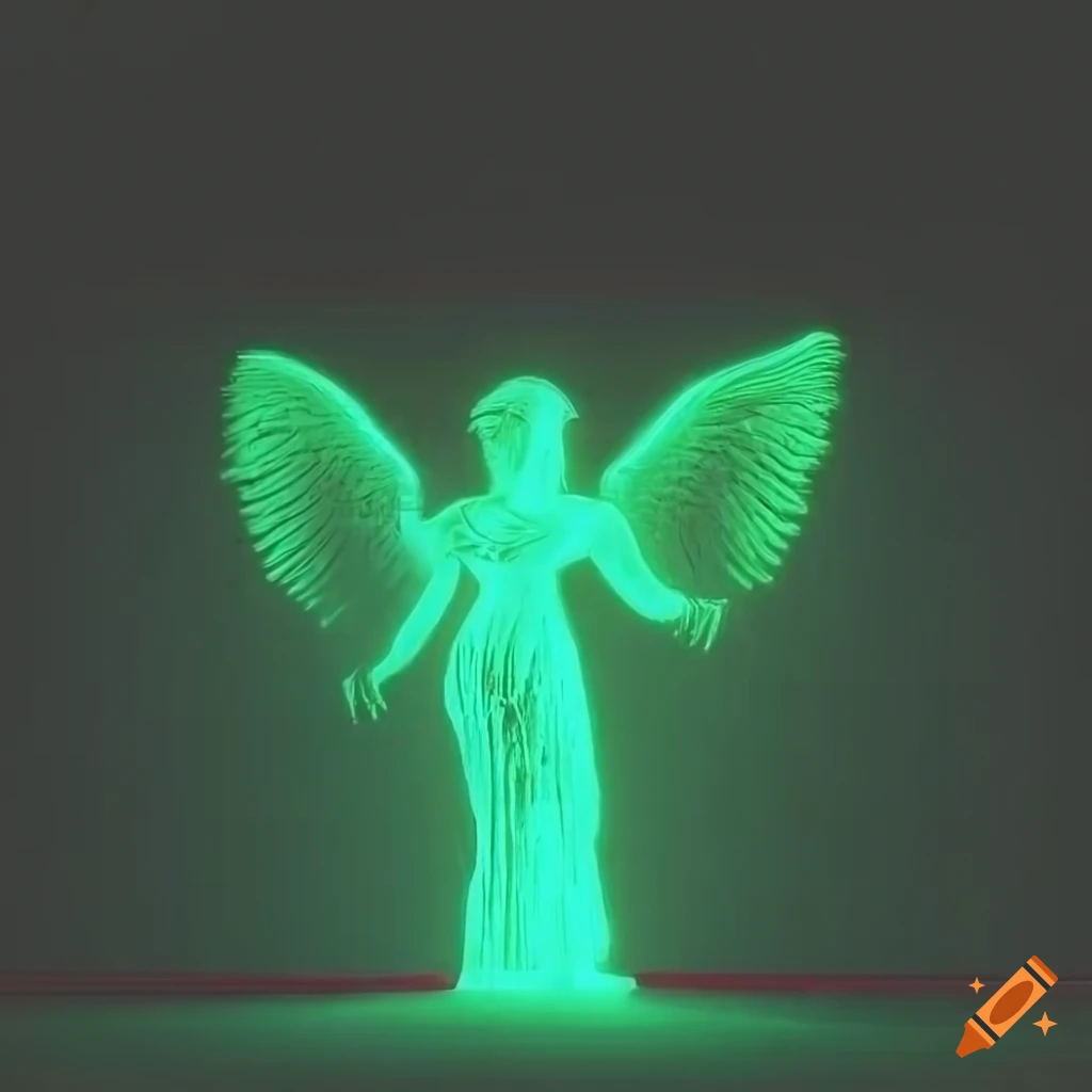 Glitch art of angel statue and neon green cryptic code