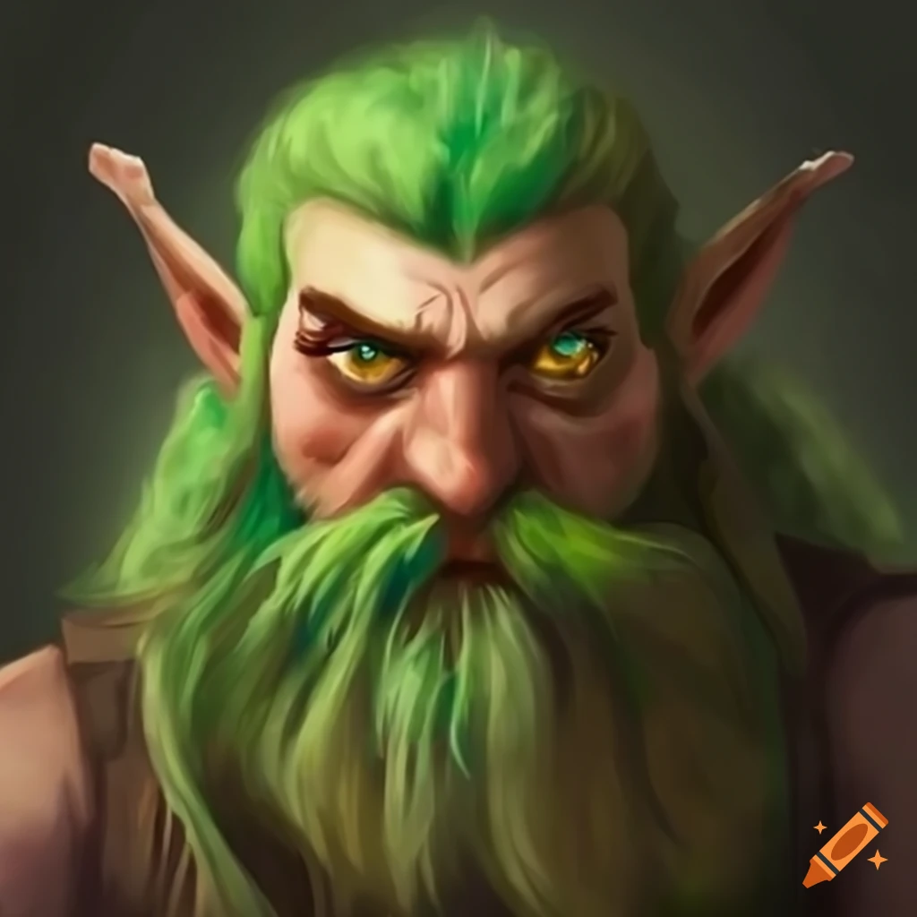Character illustration of a dwarf druid with green hair and beard