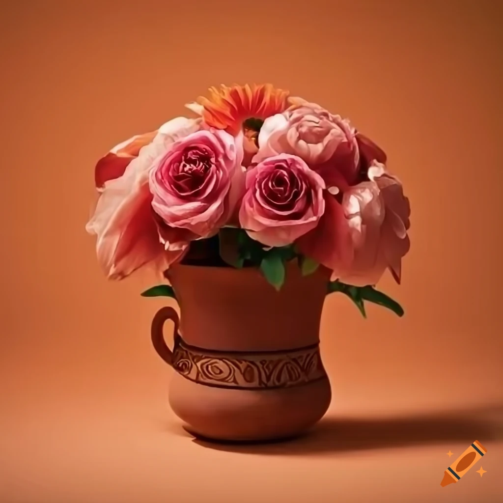colorful flowers in a patterned terracotta pot