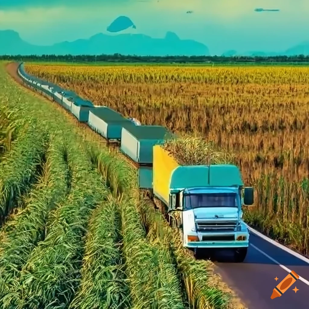 artistic depiction of a long trailer truck in a sugarcane plantation