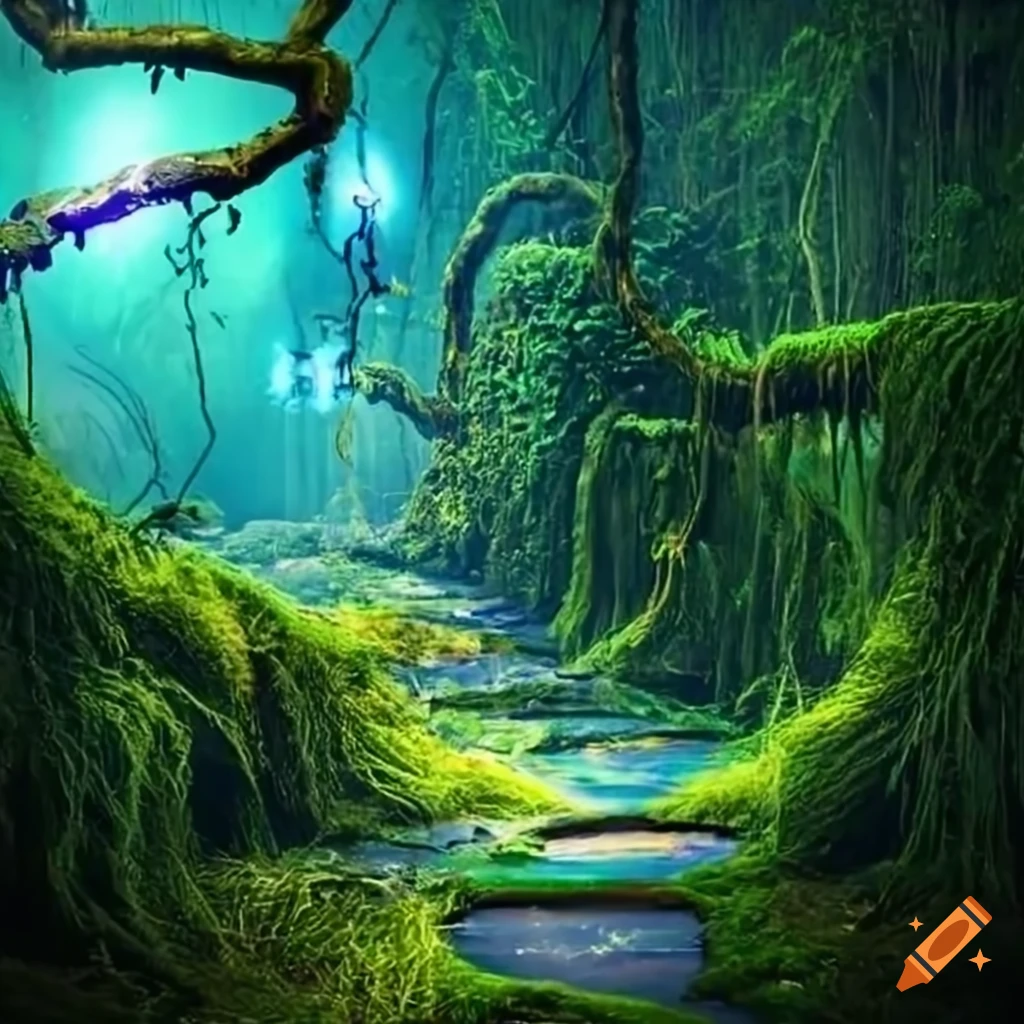 mysterious rainforest with guiding lights on a path