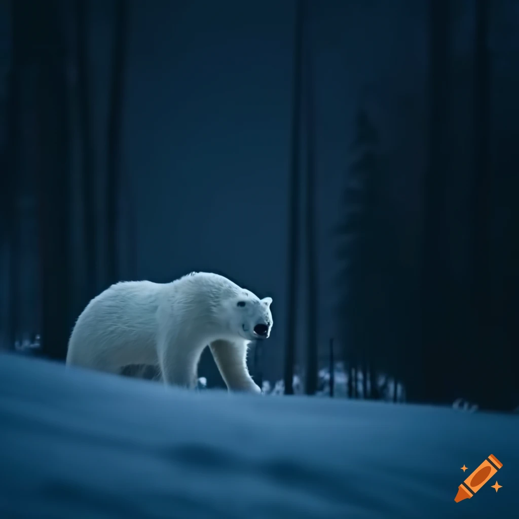 polar bear in a snowy forest at night