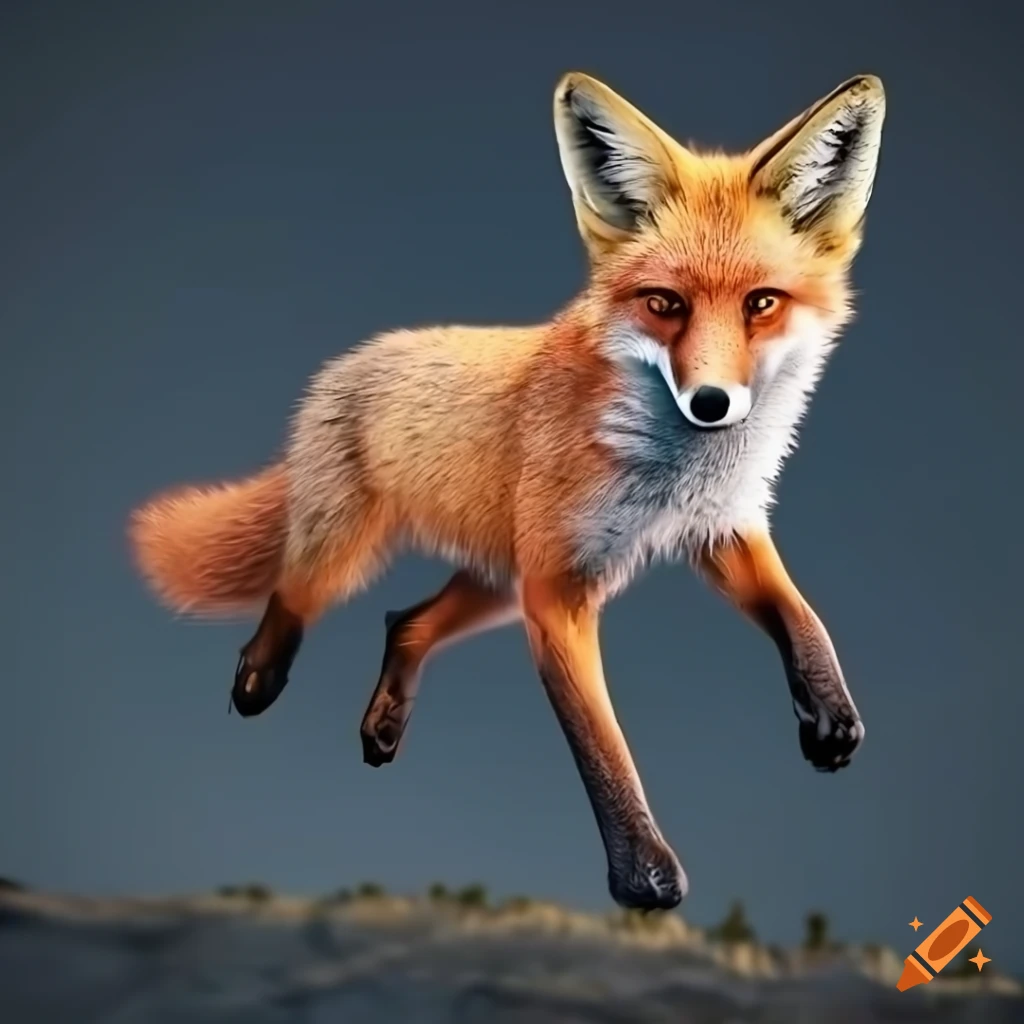 hyper realistic 3d rendering of a fox running in the mountains