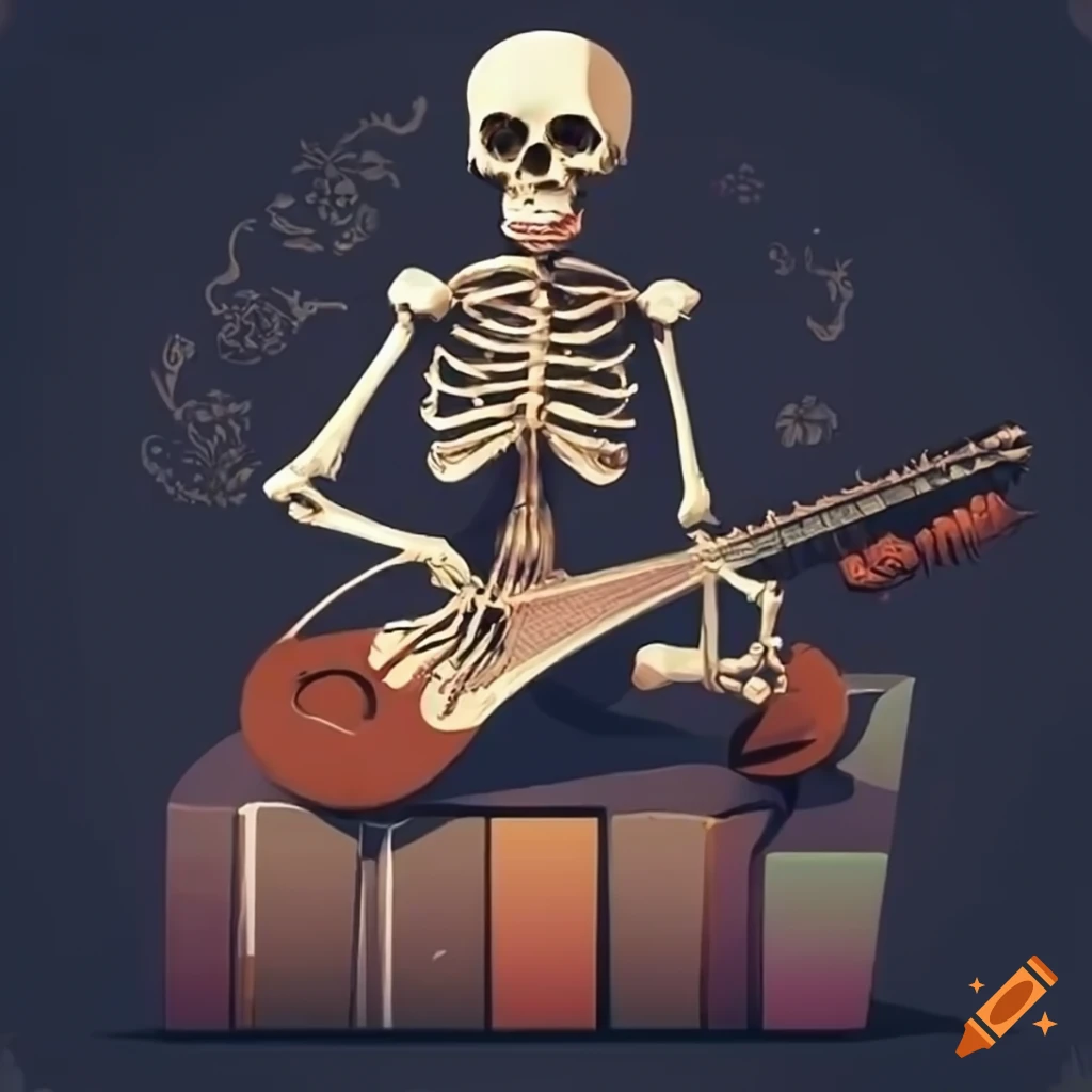 skeleton playing sitar in a bookstore