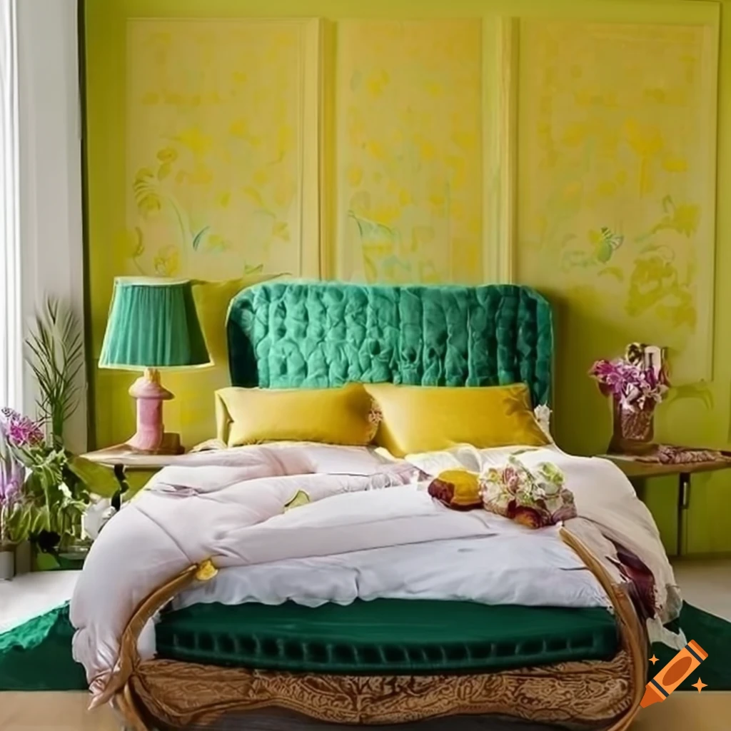 Dark green velvet platform bed in a stylish bedroom on Craiyon