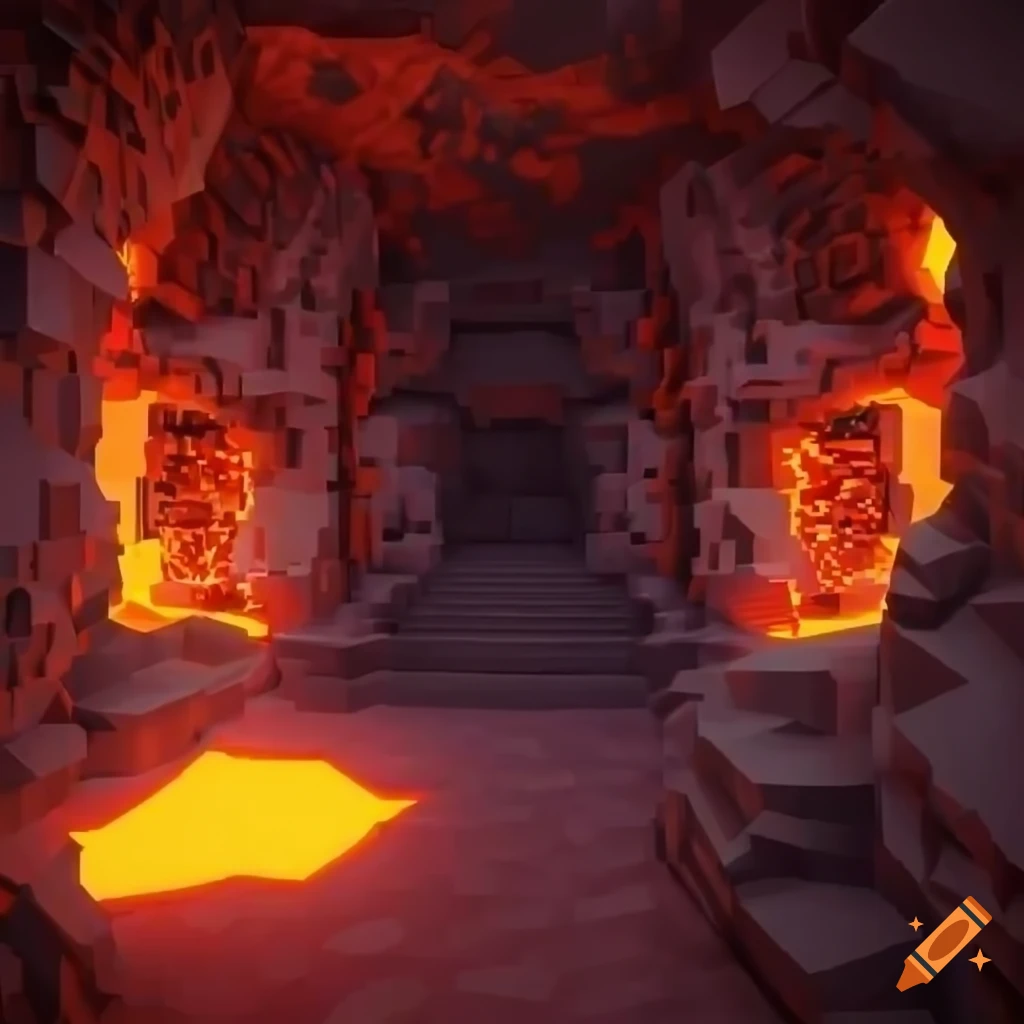 pixelated cave hall with lava in Unreal Engine 5