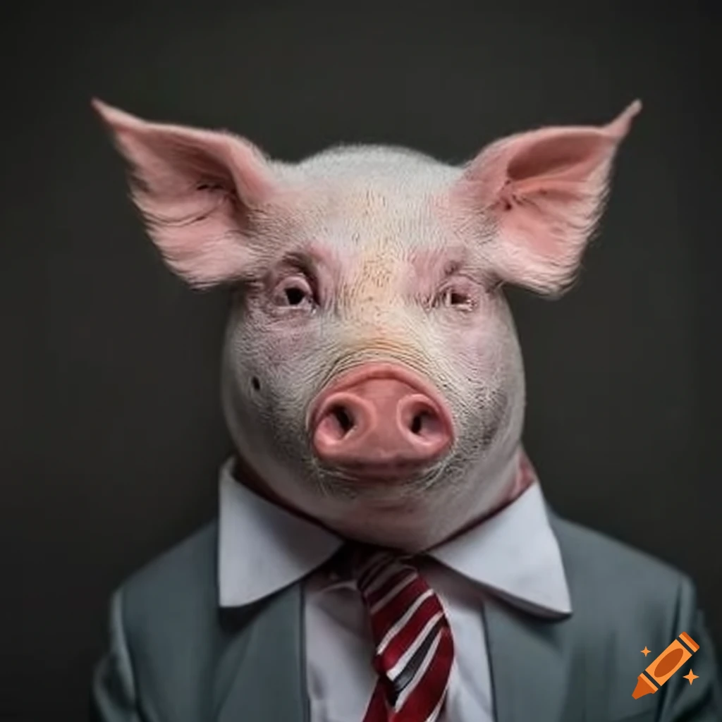 surreal artwork of a pig with human eyes wearing a suit