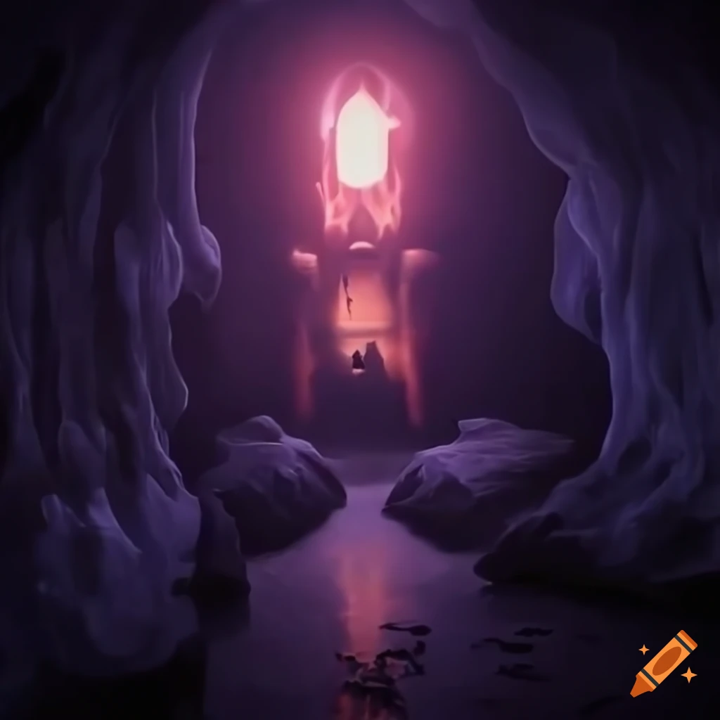 Dark and solemn image of a cavern with distant candlelight on Craiyon