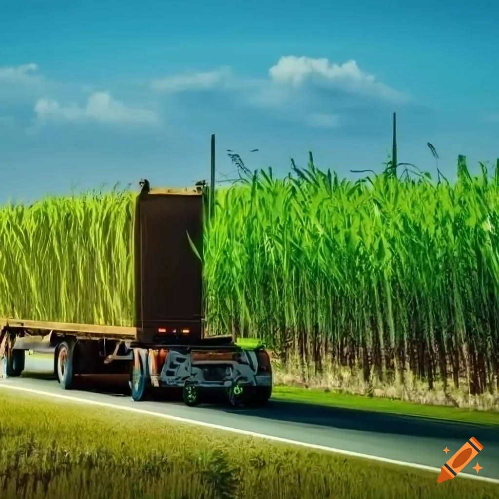artistic depiction of a long trailer truck in a sugarcane plantation