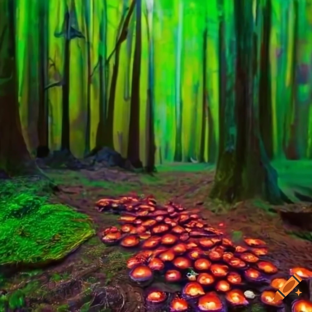 colorful mushrooms with eyes in a surreal forest