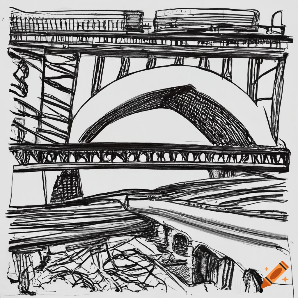 sketch of a bridge over a busy freeway and train tracks