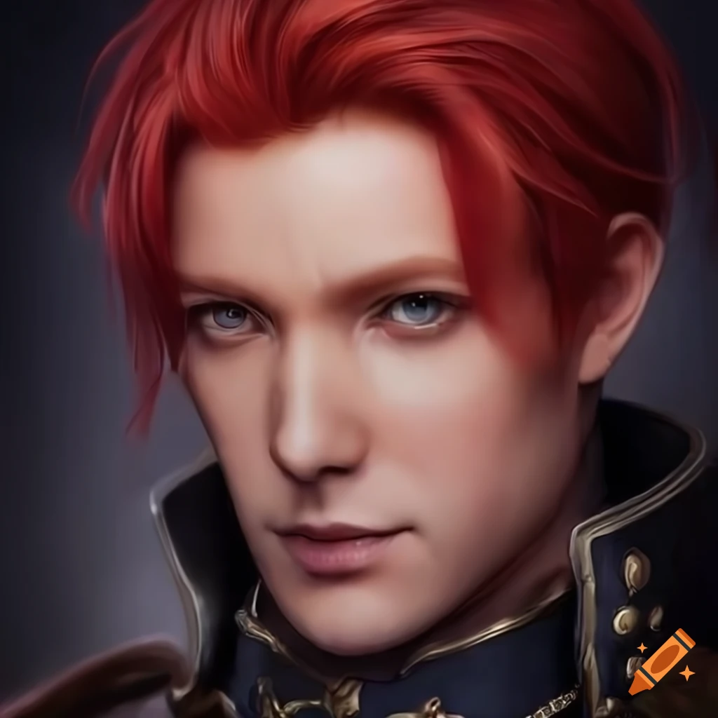 Hyper realistic portrait of a charismatic red-haired video game villain ...