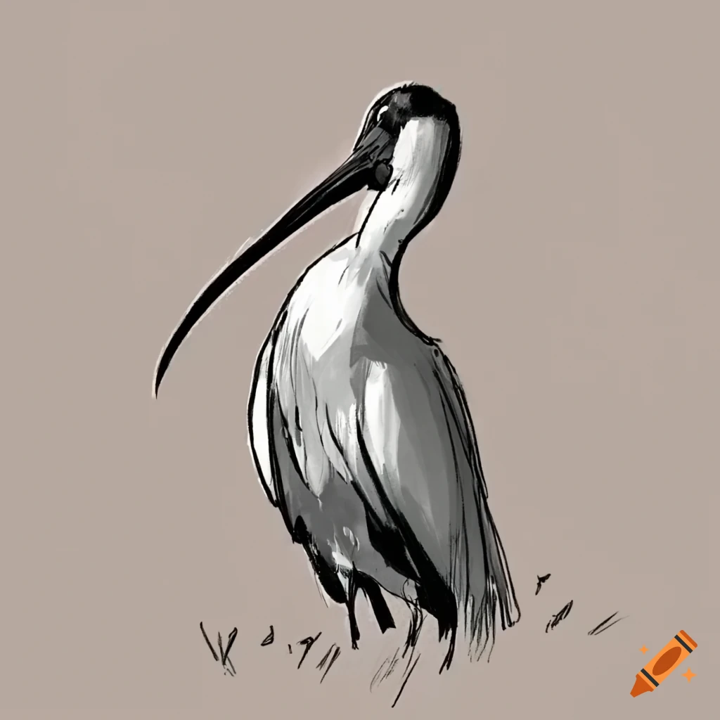 Minimalistic black and white sketch of a buff-necked ibis