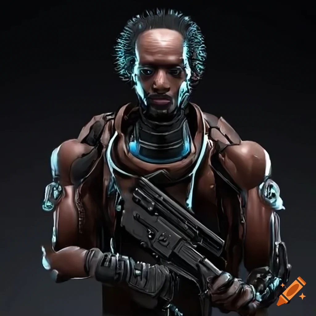 african american cyborg wielding a gun