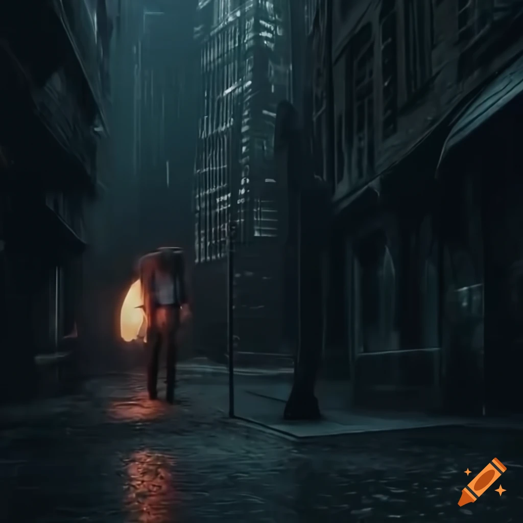 cinematic depiction of a man standing alone in a rainy city