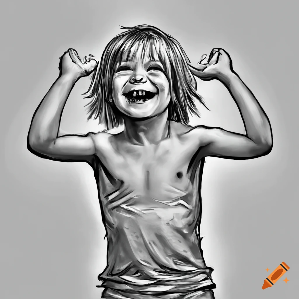 detailed sketch of a laughing child with arms raised