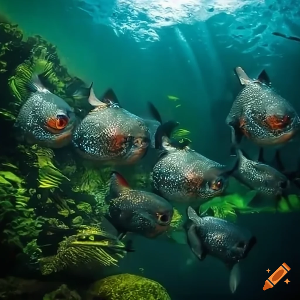 image of a group of fierce piranhas in an underwater jungle